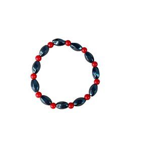 Hematite & Red Bead Stretch Bracelet - 7 Inch